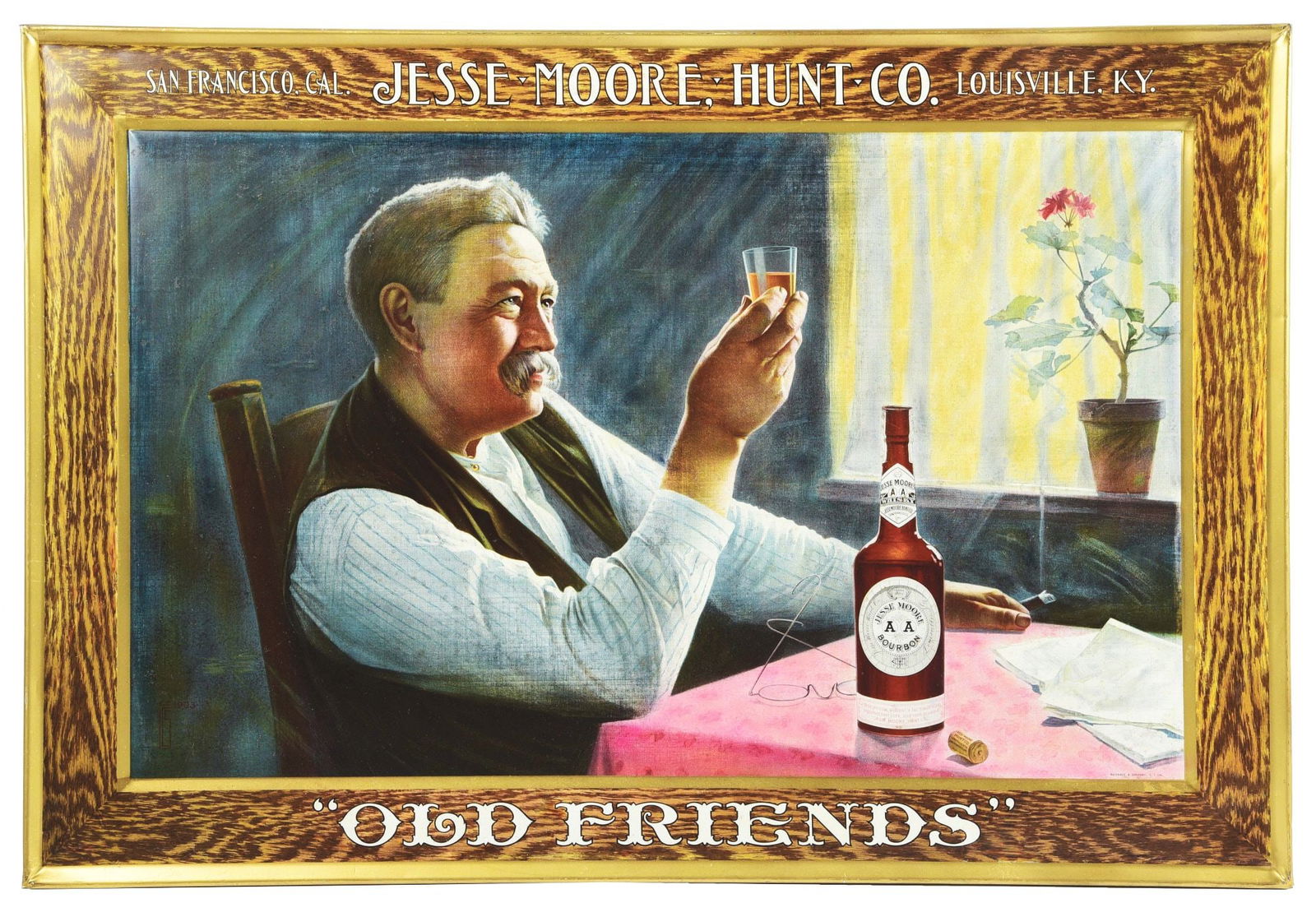 SELF-FRAMED TIN OLD FRIENDS BOURBON SIGN. (1 of 3)