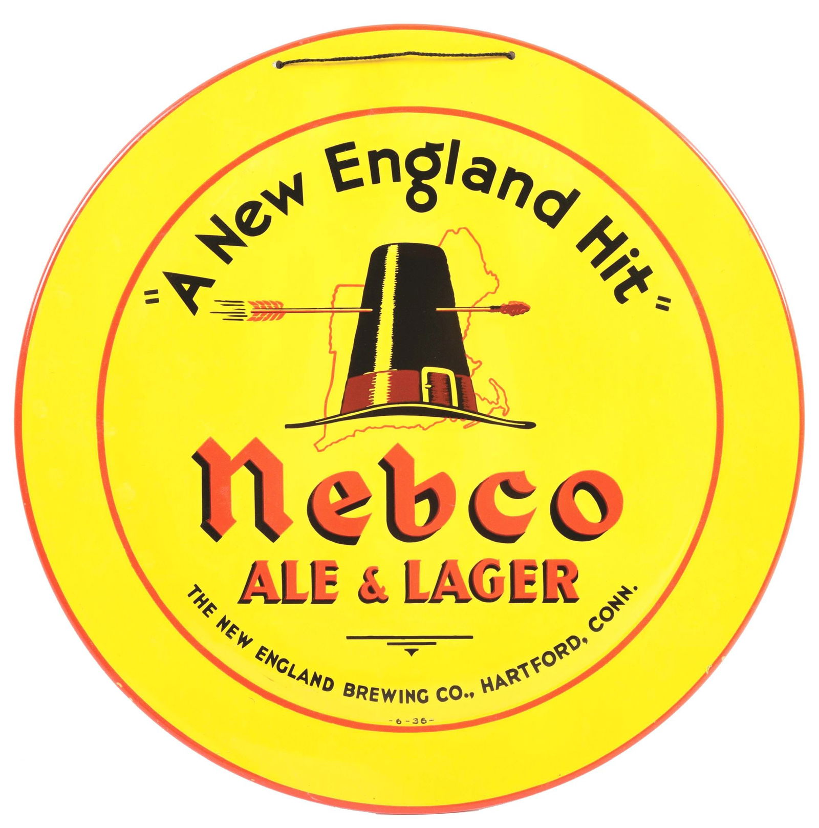 NEBCO ALE & LAGER TIN SIGN W/ PILGRIM HAT GRAPHIC. (1 of 3)