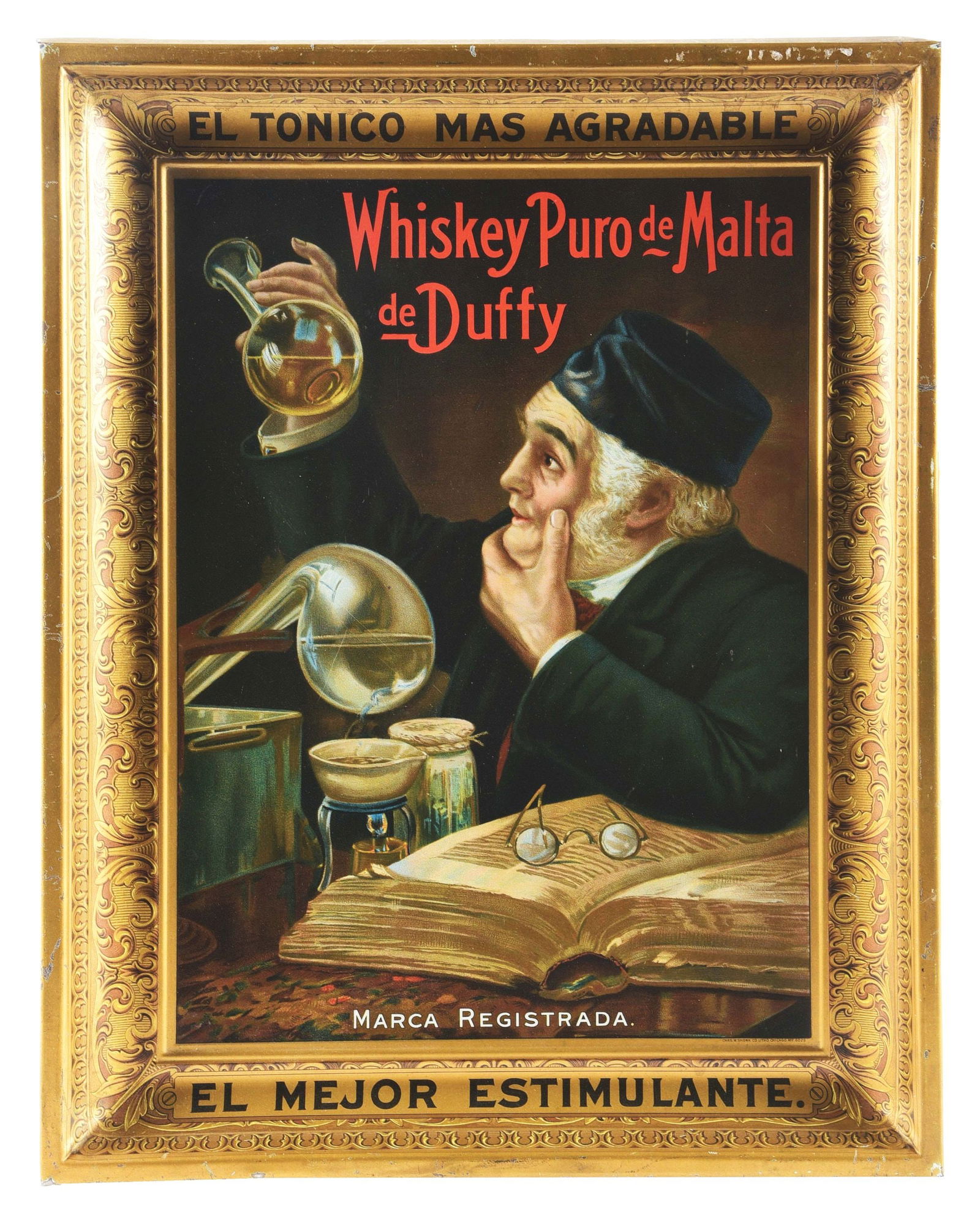 WHISKEY PURO DE MALTA DE DUFFY SELF-FRAMED TIN SIGN W/ ALCHEMIST GRAPHIC. (1 of 2)