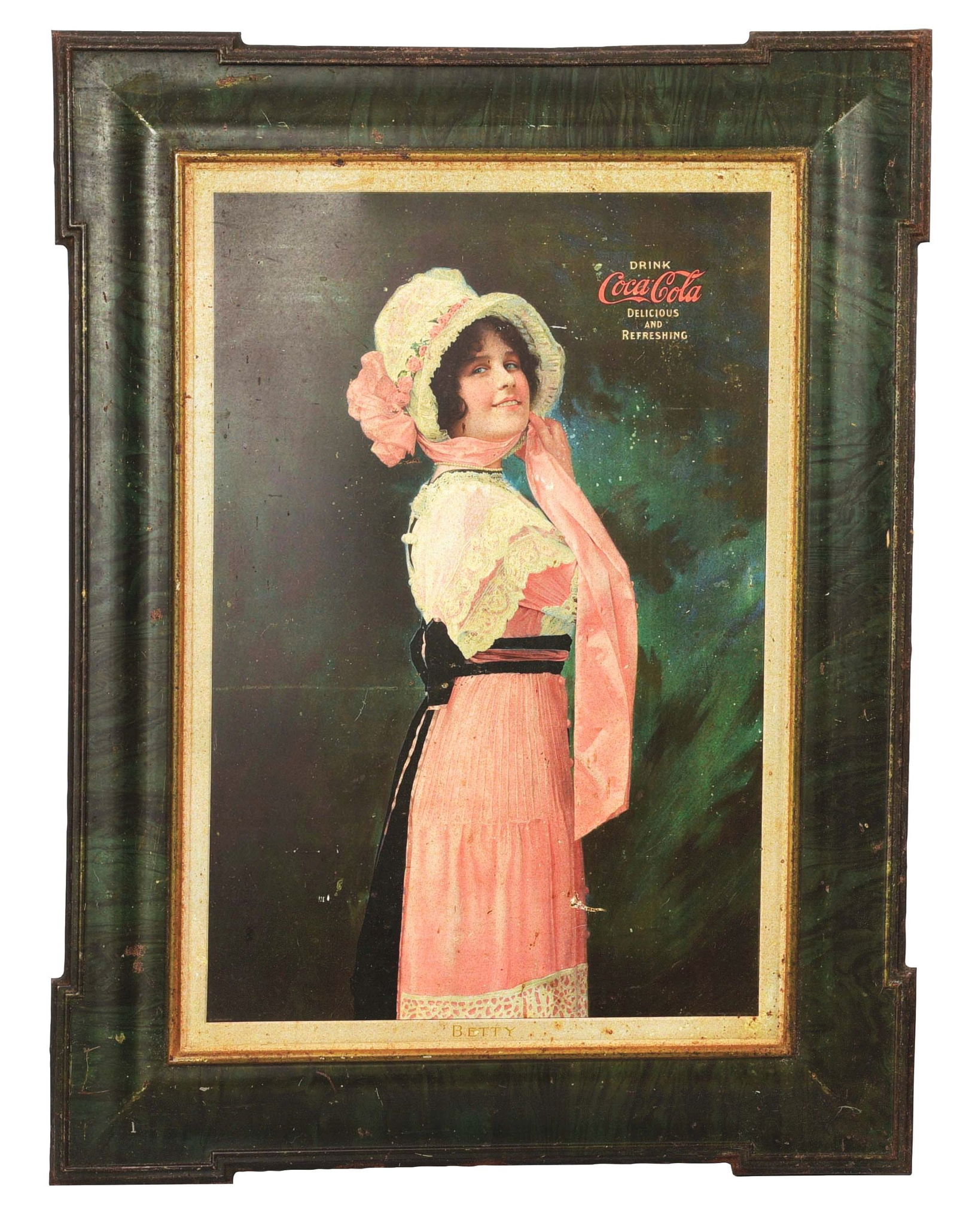 EMBOSSED COCA-COLA BETTY TIN SIGN W/ WOMAN GRAPHIC. (1 of 2)