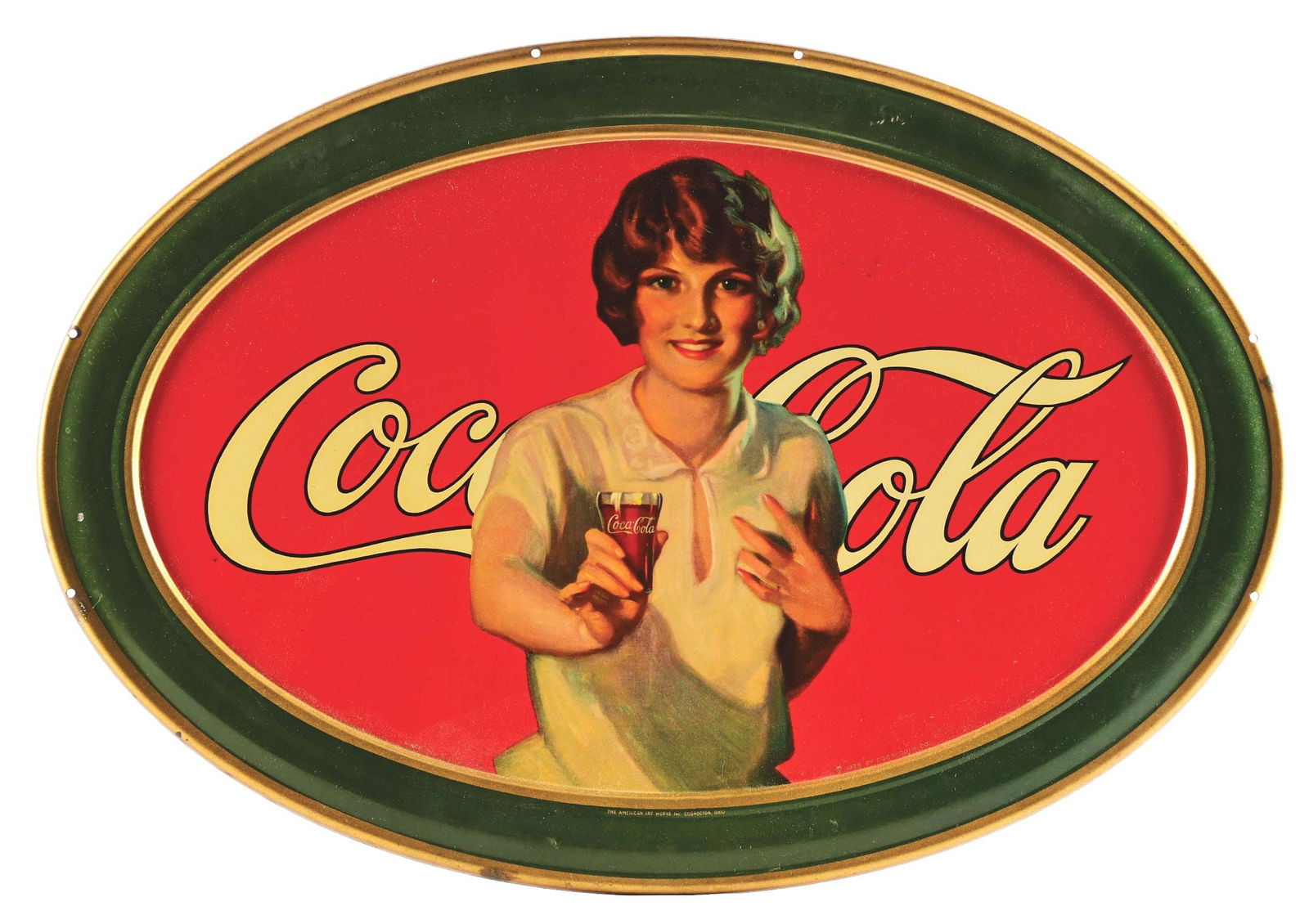 COCA COLA OVAL DIE-CUT SIGN W/ LADY AND FOUNTAIN GLASS GRAPHIC. (1 of 3)