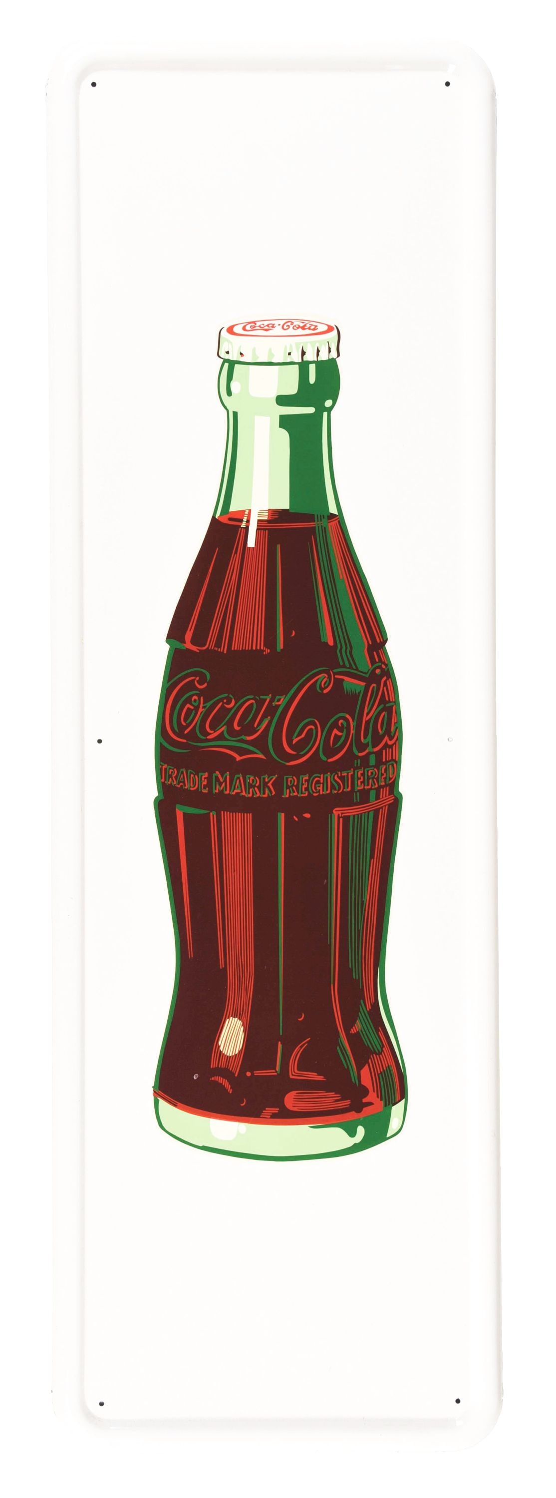 SELF-FRAMED COCA-COLA TRADEMARK REGISTERED BOTTLE SIGN W/ BOTTLE GRAPHIC.: SST. C. 1950s Coca-Cola Trademark Registered self-framed tin bottle sign, with tremendous color and the original rice paper. CONDITION: Sign has excellent color and shine throughout, with very minor a