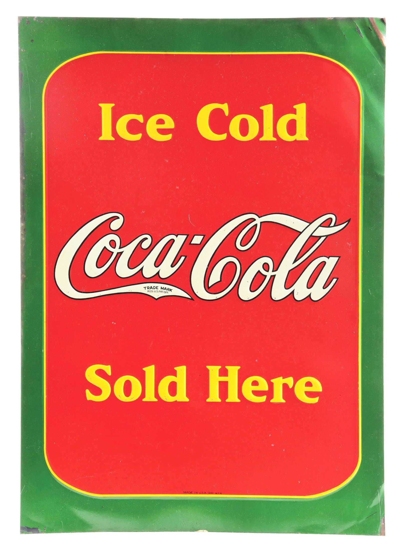 ICE COLD COCA-COLA EMBOSSED TIN SIDEWALK SIGN. (1 of 3)