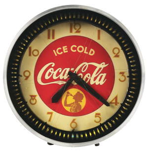 COCA-COLA SYNCHRON NEON SPINNER CLOCK.: Neon Spinner Clock. Maker marked "Synchron." This beautiful clock features an original face bearing the c. 1939 silhouette girl design and art deco numbers. The sign is illuminated by a neon tube that