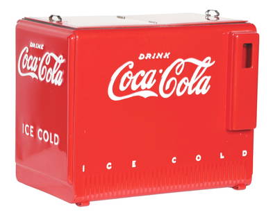 1939 WESTINGHOUSE COCA-COLA SALESMAN SAMPLE COOLER.: C. 1939. Iconic Westinghouse Coca-Cola cooler salesman's sample. CONDITION: Fully restored in new paint. Showing light oxidation to the complete tin interior. A great displaying piece of Coca-Cola adv