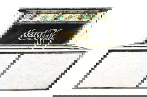 COMPLETE COCA-COLA BACK BAR W/ISLAND AND 5 CHAIRS.: C. 1950. An excellent example of a mid-century soda fountain with complete dispensing interior. Wood construction with faux-marble Formica, covering the front and back bar. The interior includes 4 ice