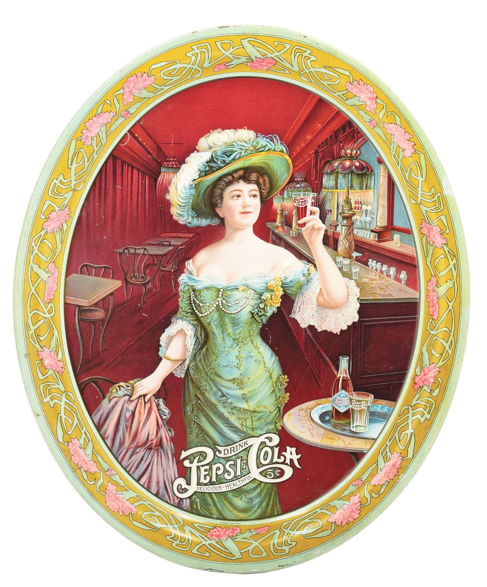 OVAL PEPSI-COLA SERVING TRAY W/ VICTORIAN WOMAN GRAPHIC. (1 of 3)