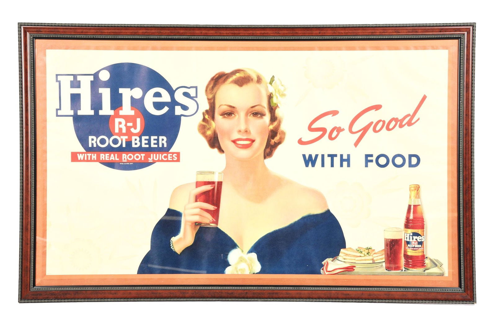 LARGE CARDBOARD HIRES ROOT BEER ADVERTISEMENT W/ WOMAN GRAPHIC.: SSC. A nice example of this colorful cardboard lithograph from Hires Root Beer, featuring a woman graphic with good colors throughout. CONDITION: Sign has been custom-framed and displays well. Areas o