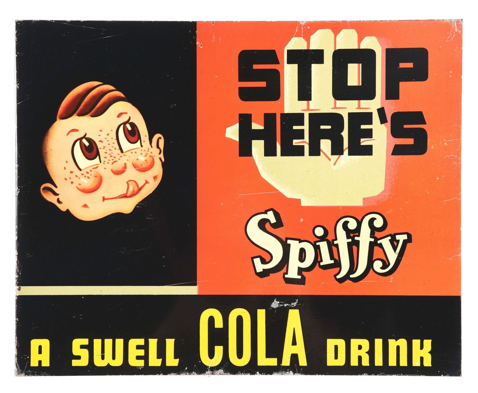 SPIFFY COLA TIN FLANGE SIGN W/ SPIFFY BOY GRAPHIC.: DST. C. 1940's Spiffy "A Swell Cola Drink" painted tin flange sign with excellent graphic. CONDITION: Side 1; sign has good color and gloss with significant surface scratches and scratches all the way