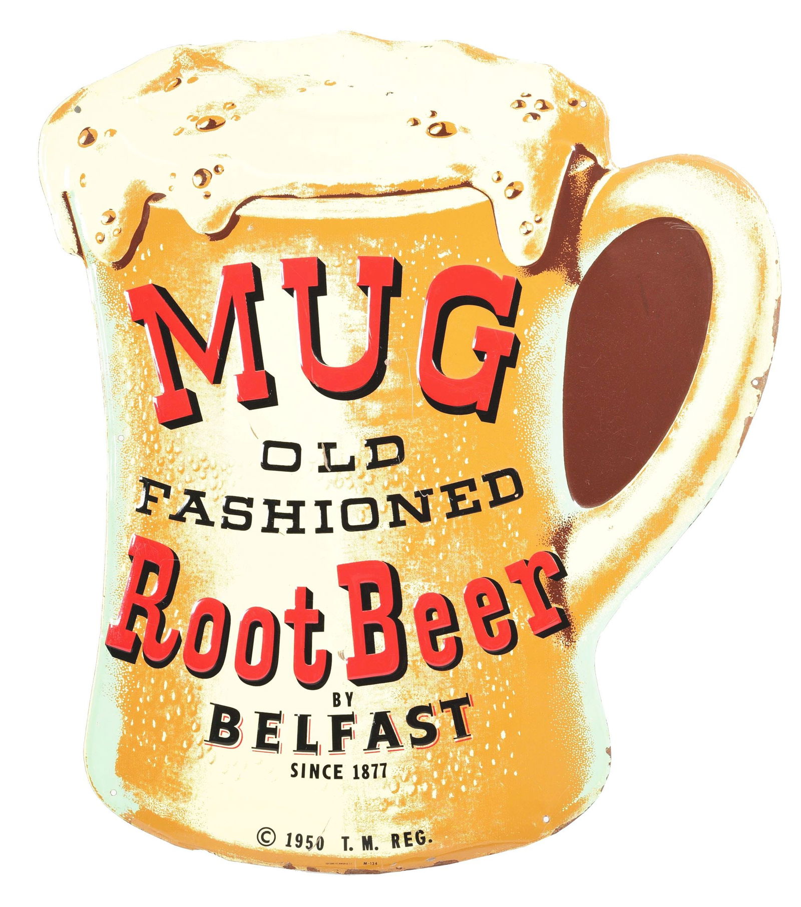 DIE-CUT TIN OLD FASHIONED ROOT BEER MUG SIGN.: SST. Maker marked "C&P Signs." A nice example of this die-cut embossed single-sided tin Old Fashioned Root Beer sign in the shape of a mug, with good color and shine throughout. CONDITION: Field of th