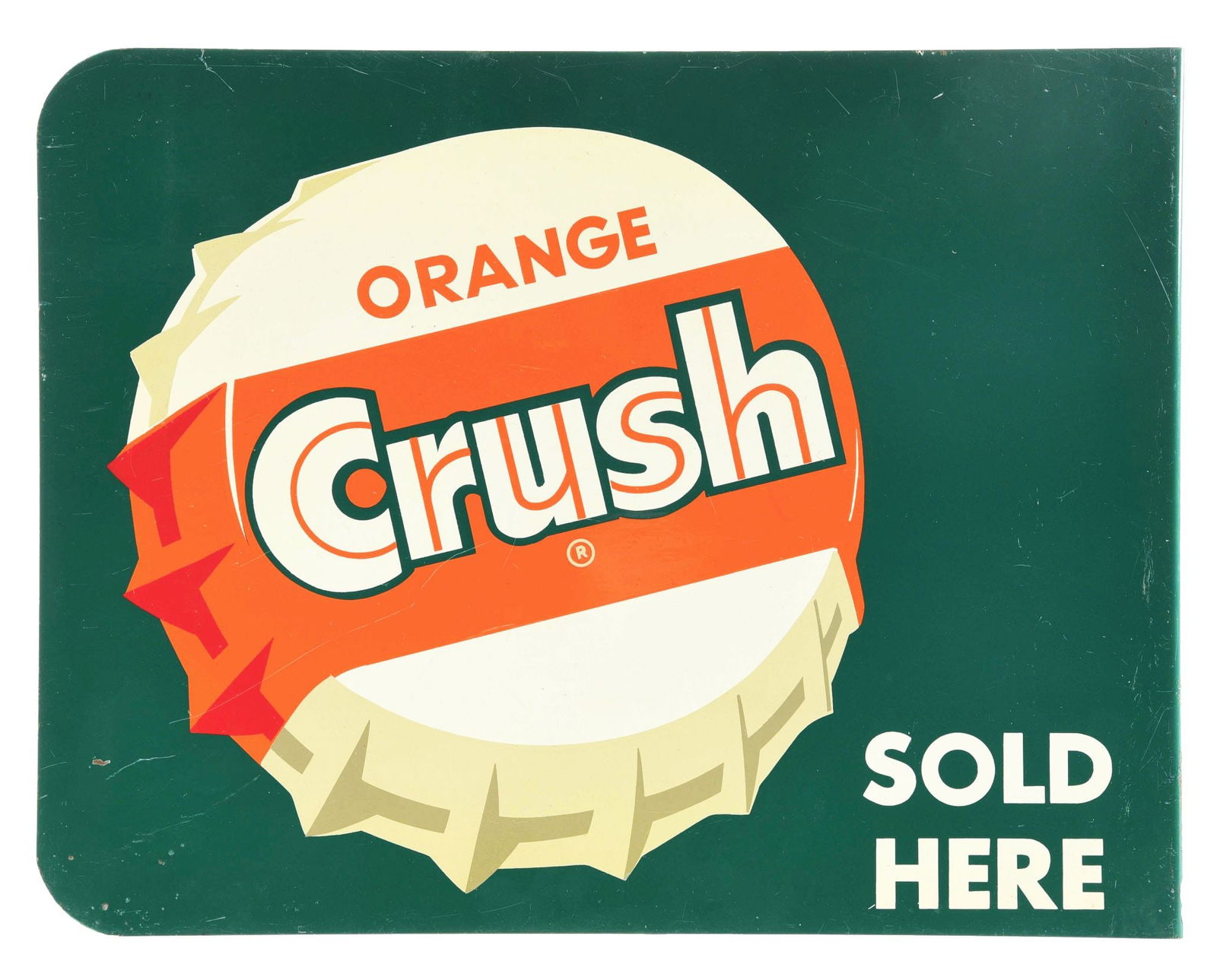 ORANGE CRUSH FLANGE SIGN W/ BOTTLE CAP GRAPHIC.: DST. Maker marked "A.M.D. Co." A nice example of this Orange Crush flange c. 1960's featuring a killer bottle cap graphic. CONDITION: Side 1 retains great color and shine with light surface scratches