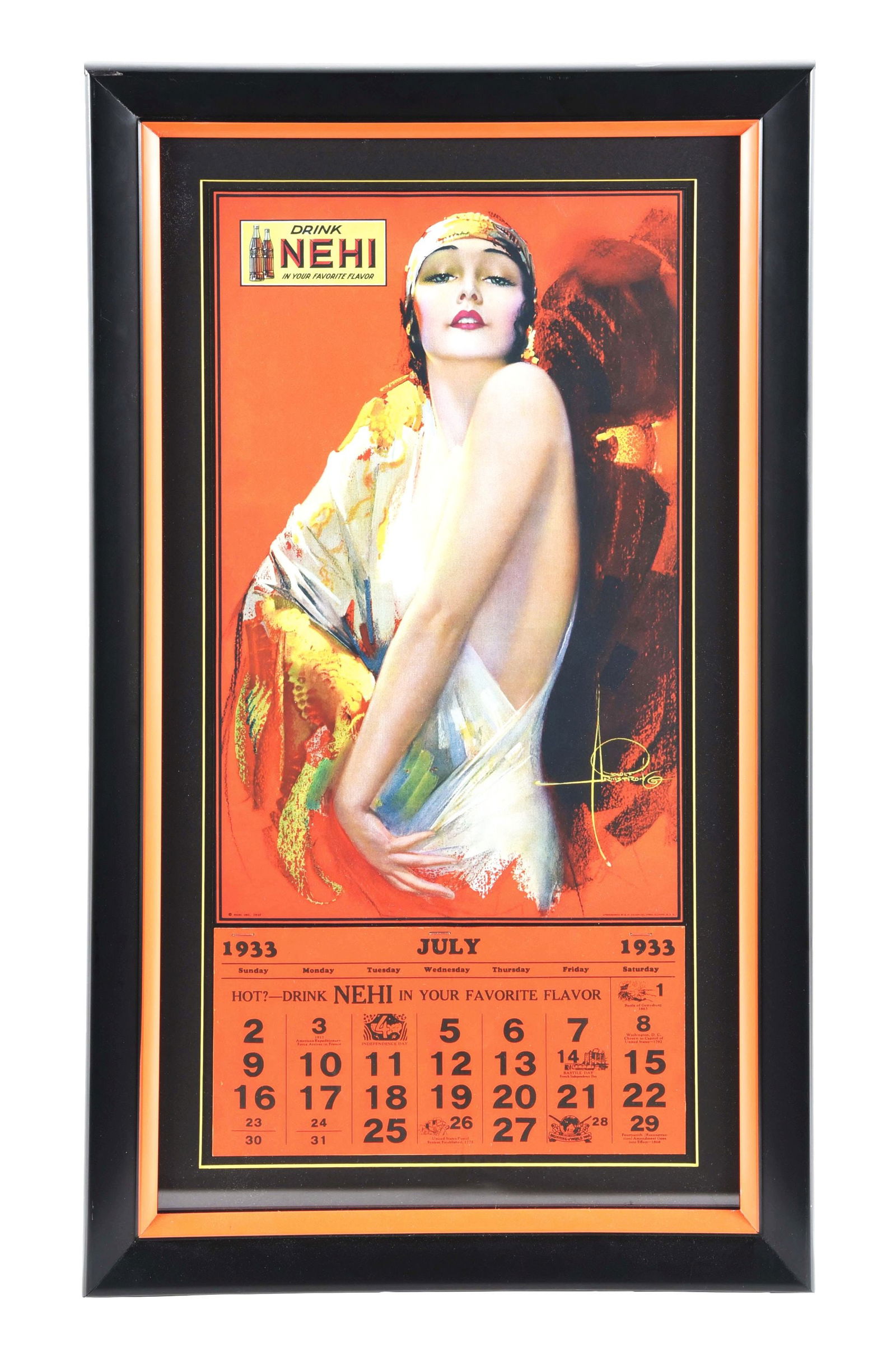 DRINK NEHI PAPER LITHOGRAPH CALENDAR W/ OUTSTANDING BEAUTIFUL LADY GRAPHIC.: Maker mark "Colson Co. Paris, Illinois." Outstanding displaying c. 1930s Nehi paper lithographed calendar. CONDITION: The calendar has outstanding color throughout, with very minor staining on the dat