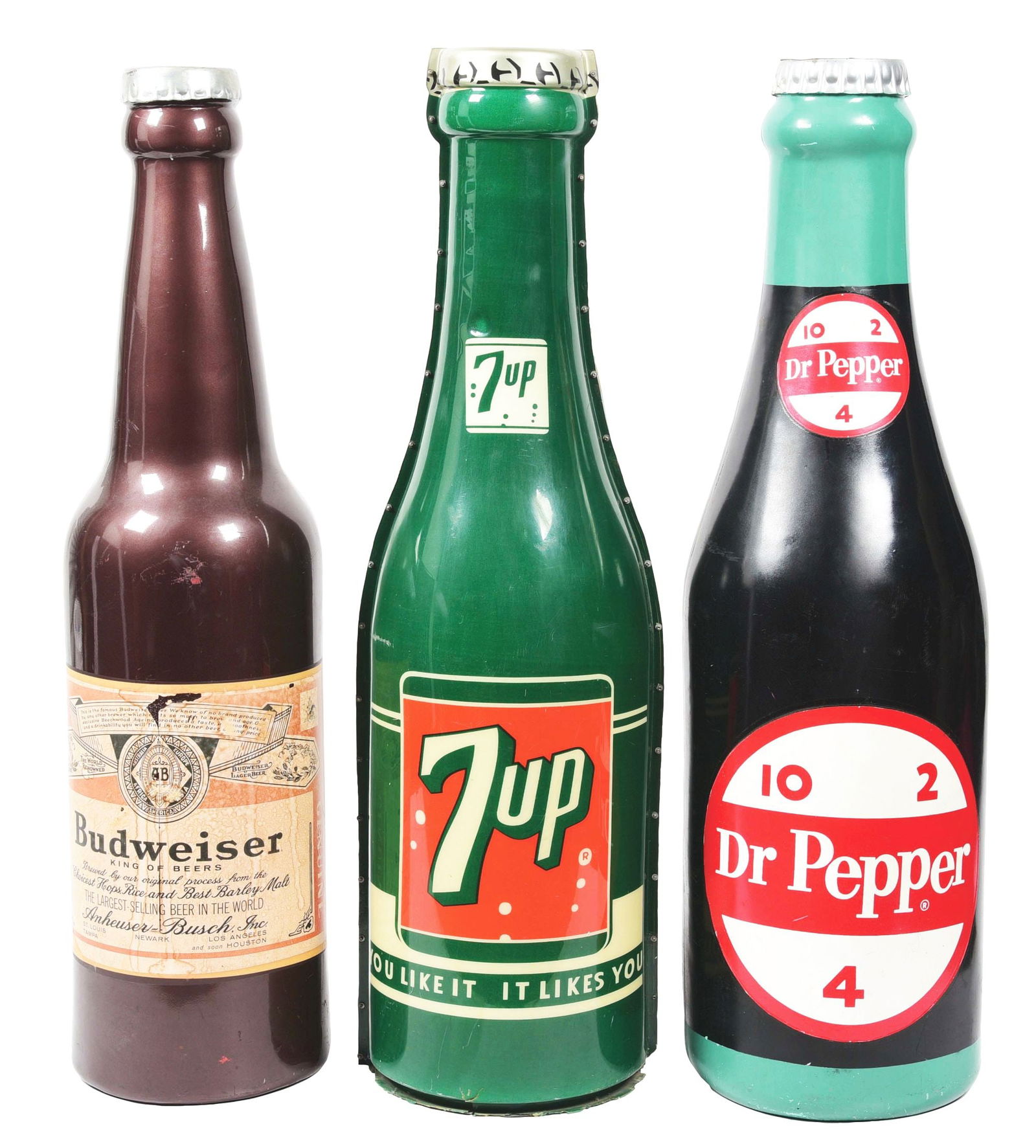 COLLECTION OF 3: PLASTIC BOTTLE DISPLAYS FROM DR PEPPER, 7UP & BUDWEISER. (1 of 4)