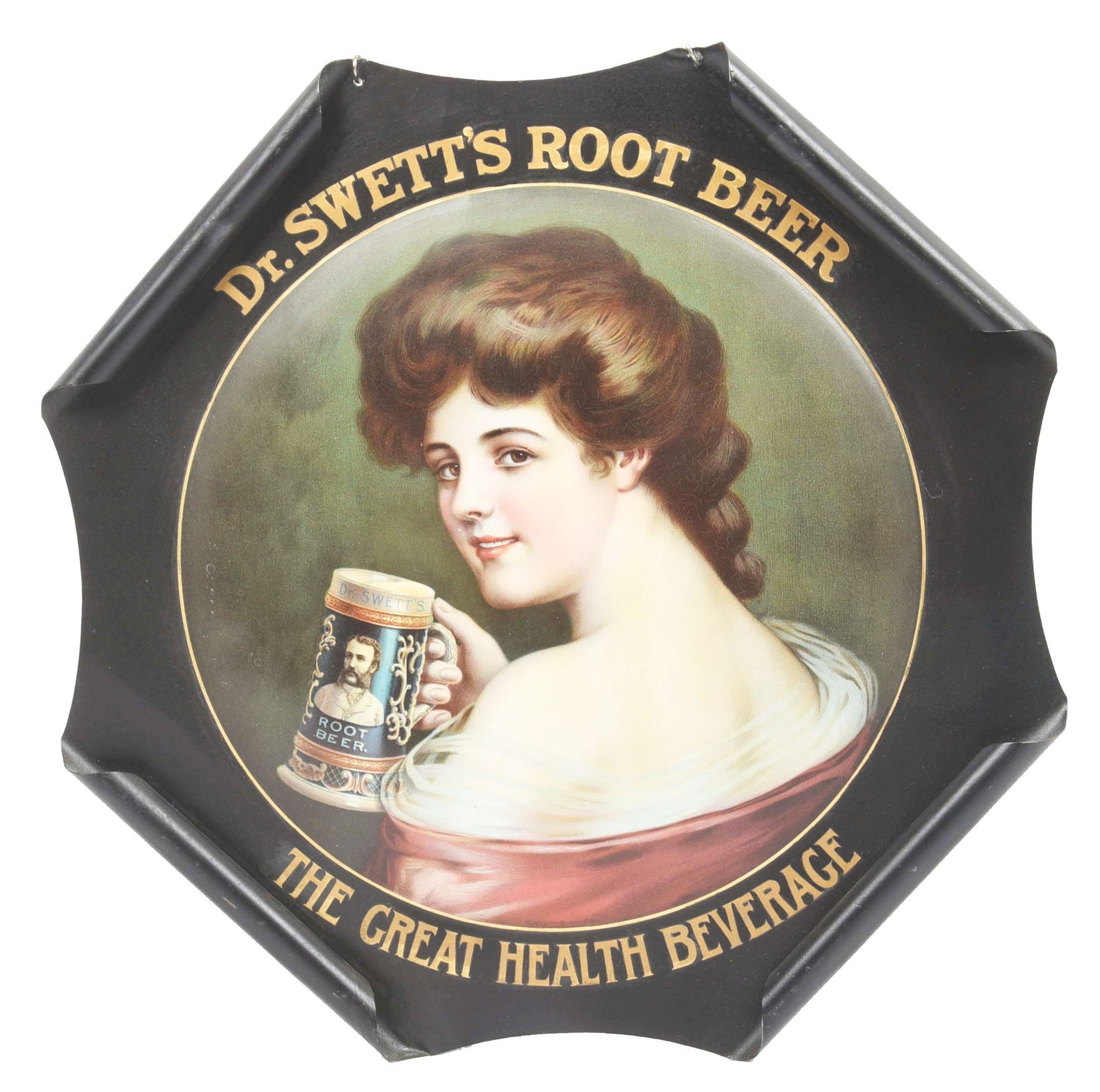 DR. SWETT'S ROOT BEER TIN SIGN W/ WOMAN GRAPHIC. (1 of 2)
