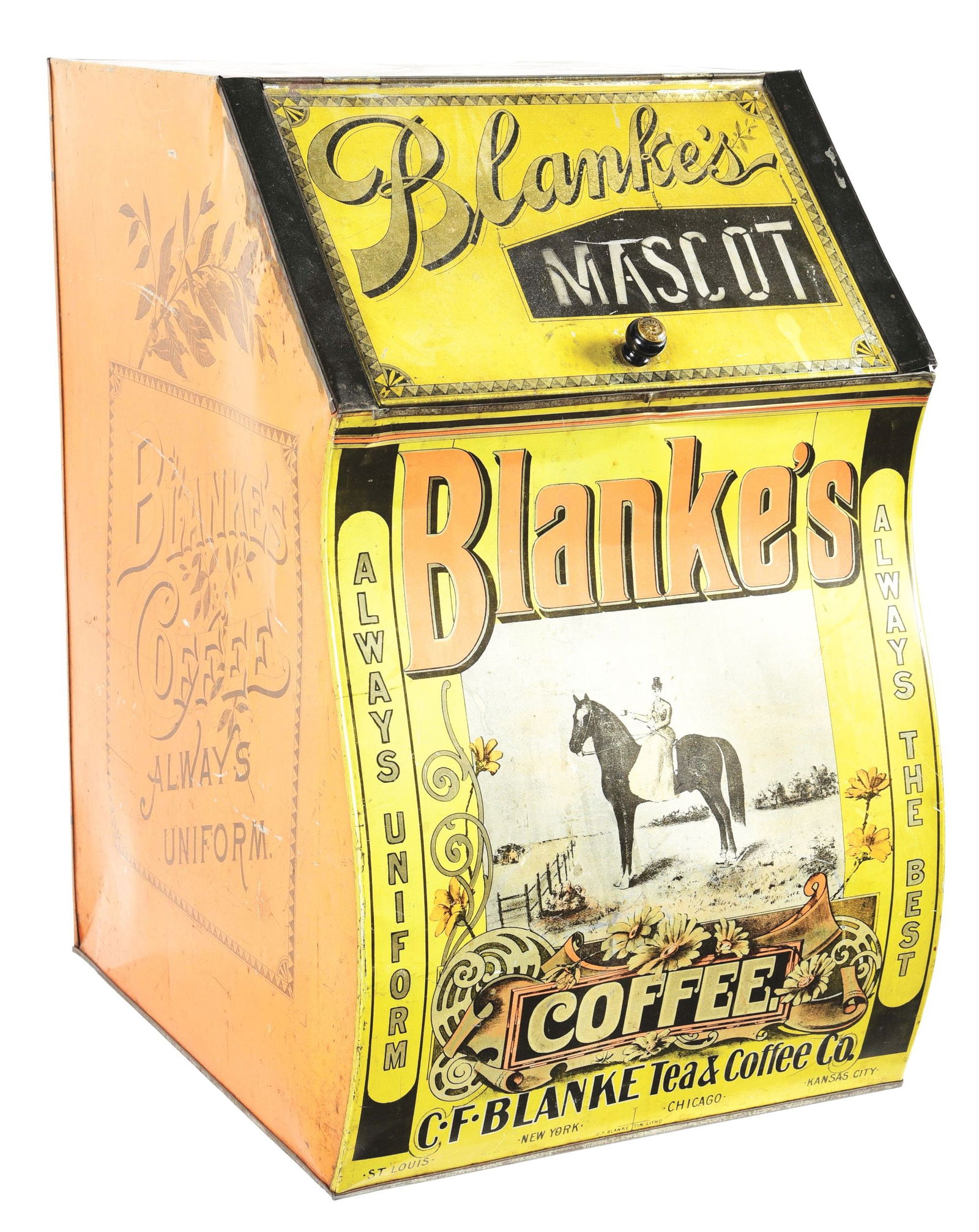 BLANKE'S PAINTED METAL COFFEE BIN W/ EARLY HORSE GRAPHIC. (1 of 4)