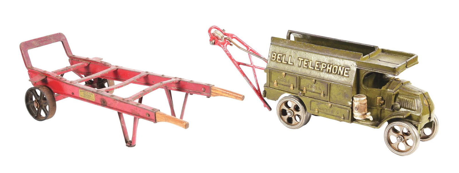 LOT OF 2: CAST IRON KIDS TOY AND SALESMAN SAMPLE HAND CART. (1 of 3)