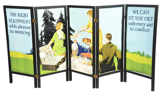COLLECTION OF 2: 5-PIECE WINCHESTER SCREEN DISPLAY & NEW OLD STOCK WINDOW DISPLAY.: A nice collection of two advertising pieces from Winchester, featuring a five-piece colorful lithograph screen and new old stock window display from Winchester. CONDITION: (A) The five-piece screen fe