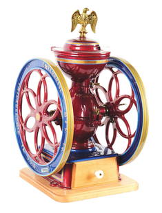 ANTIQUE ENTERPRISE COFFEE GRINDER.: Beautifully restored Enterprise Manufacturing Company coffee grinder. Done in a red and blue motif with highly-detailed pinstriping and graphics. Nicely made pine base and new drawer with porcelain kn