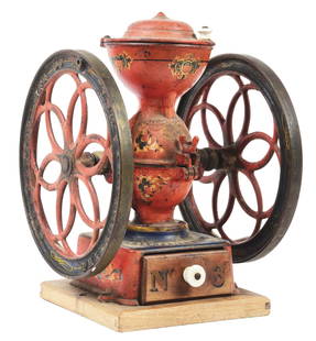 ENTERPRISE #3 ANTIQUE COFFEE GRINDER.: C. 1897. A very nice example of an Enterprise #3 coffee grinder made by the Enterprise Mfg. Co. Philadelphia PA. CONDITION: Original paint and pinstripe, showing wear due to age and use. Grinder is pr