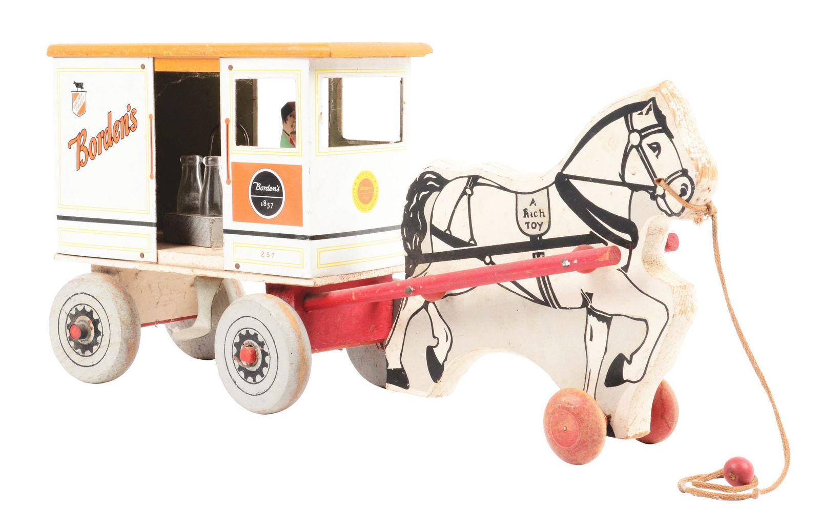 RICH TOYS WOOD BORDENS HORSE-DRAWN MILK WAGON TOY. (1 of 5)