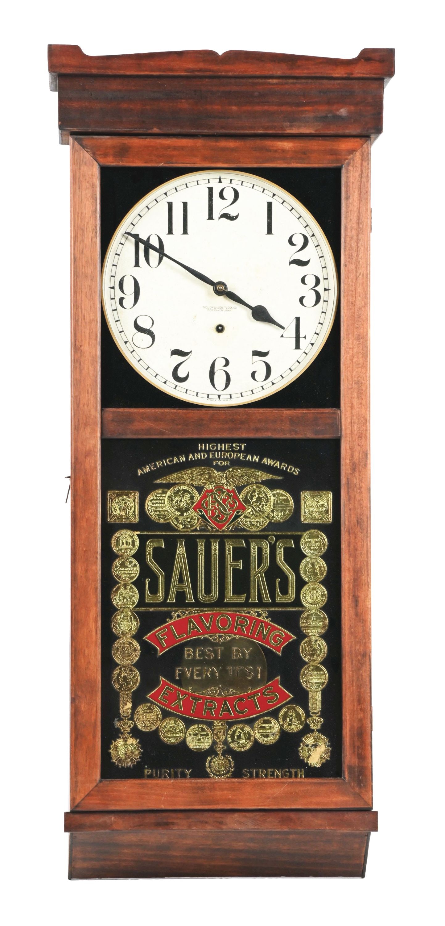 ORIGINAL SAUER'S FLAVORING EXTRACTS WALL REGULATOR CLOCK. (1 of 6)