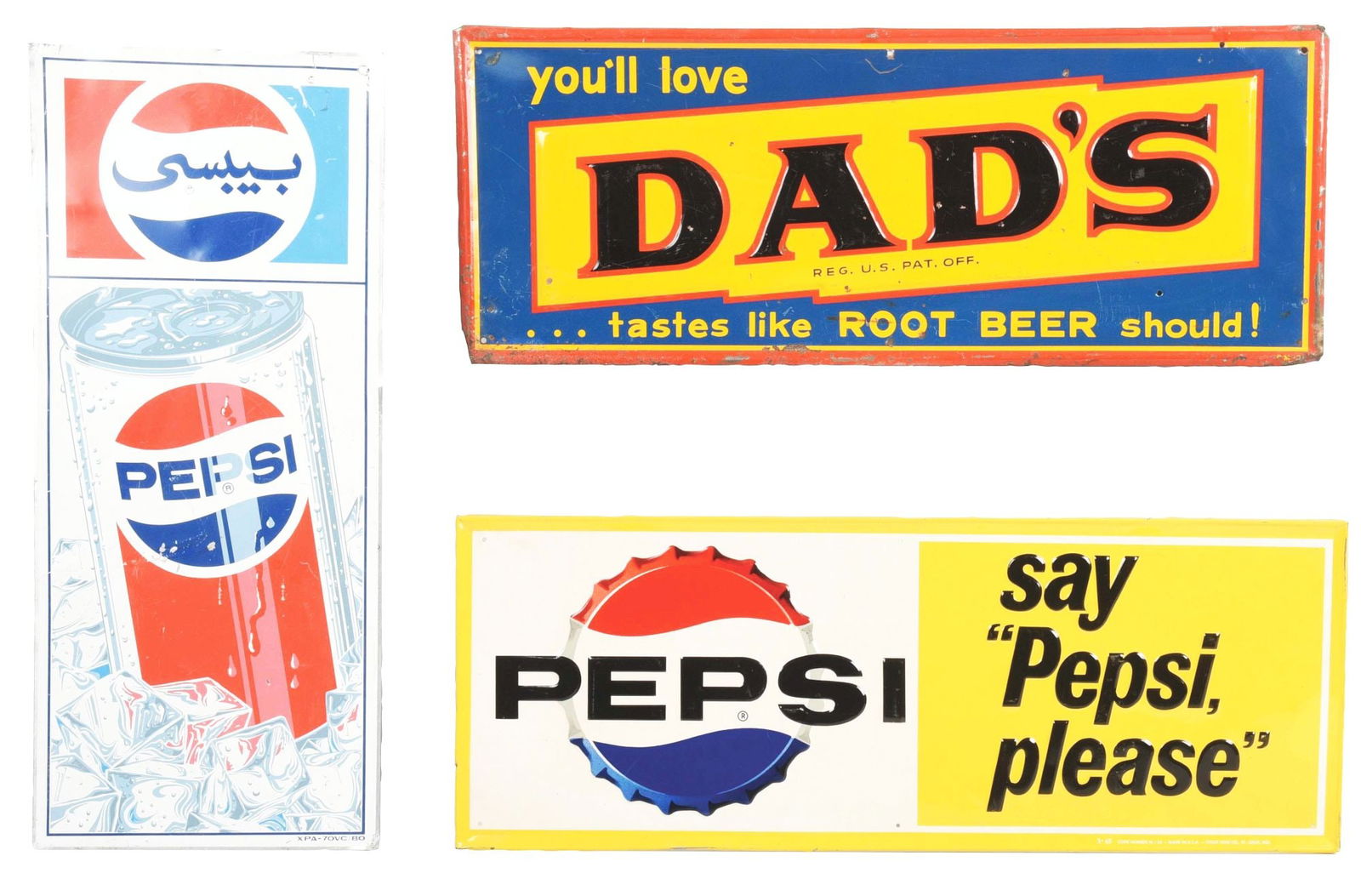 COLLECTION OF 3: ADVERTISING SIGNS.: A nice collection of three soda pop advertising signs. (A) SST. Embossed tin Dad's Root Beer sign. CONDITION: Shows surface scratching and paint loss throughout the field. Bending to the metal. (6.0).