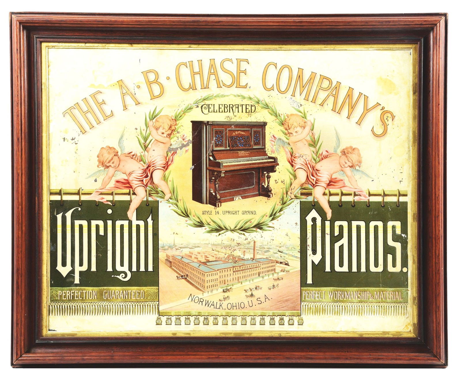 TIN "THE A.B. CHASE COMPANY'S UPRIGHT PIANOS" SIGN W/ PIANO GRAPHIC.: SST. Maker marked "Wells & Hope Co." A nice example of this c. 1920's tin sign in a custom frame from the A.B. Chase Company featuring a cherub and piano graphic. CONDITION: The field of this sign ret