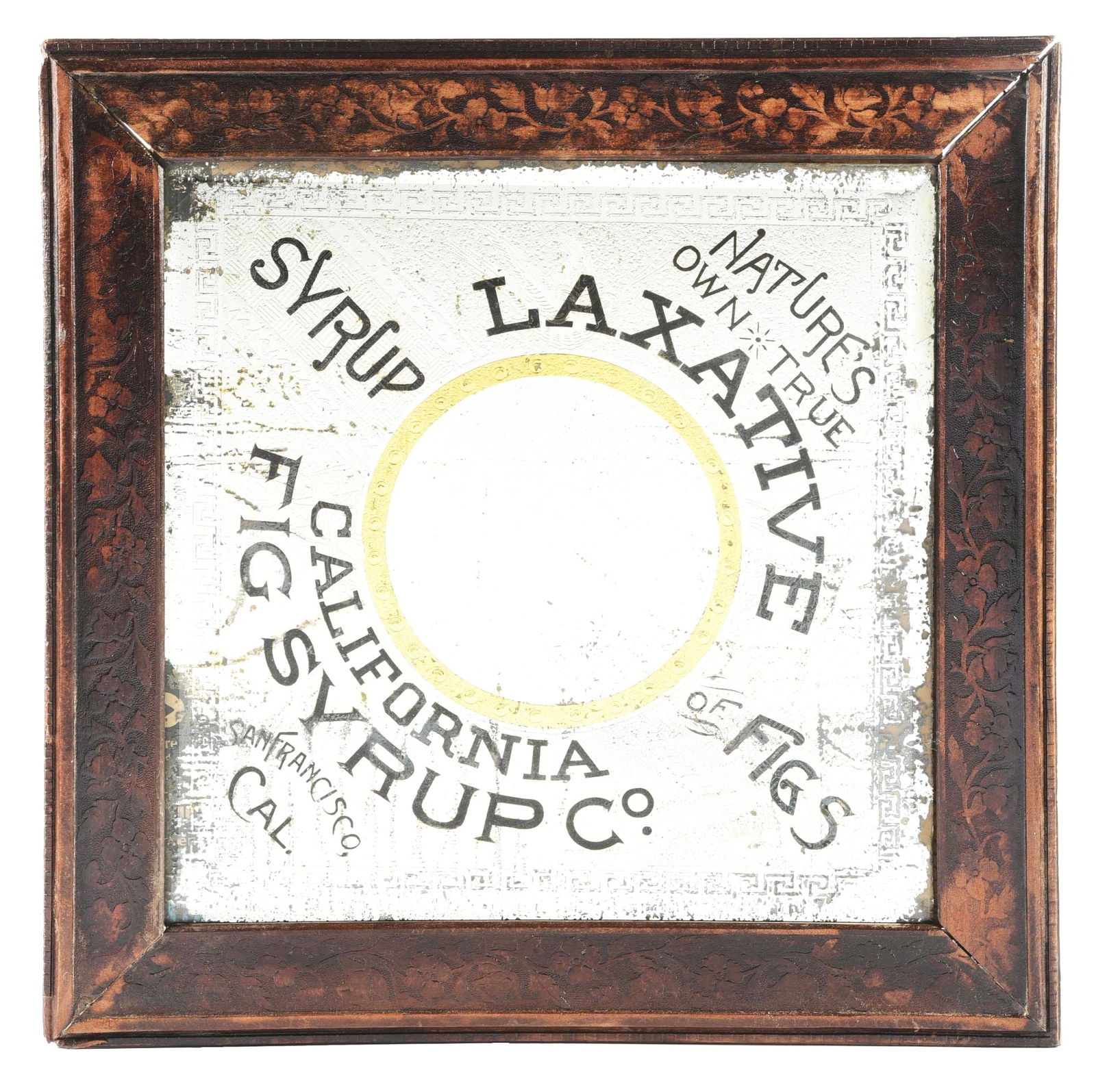 PAINTED ON GLASS "LAXATIVE FIG SYRUP" MIRROR SIGN. (1 of 2)
