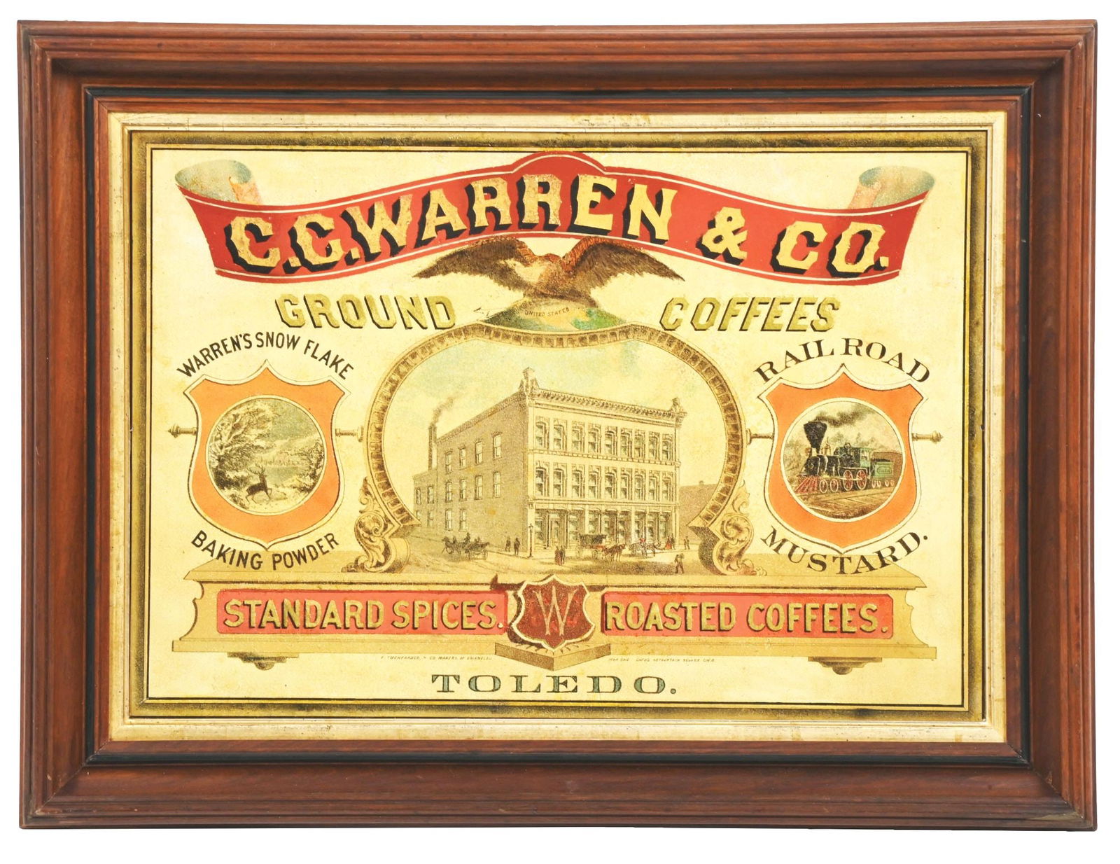 TIN C.C. WARREN & CO. COFFEE SIGN IN CUSTOM FRAME. (1 of 2)