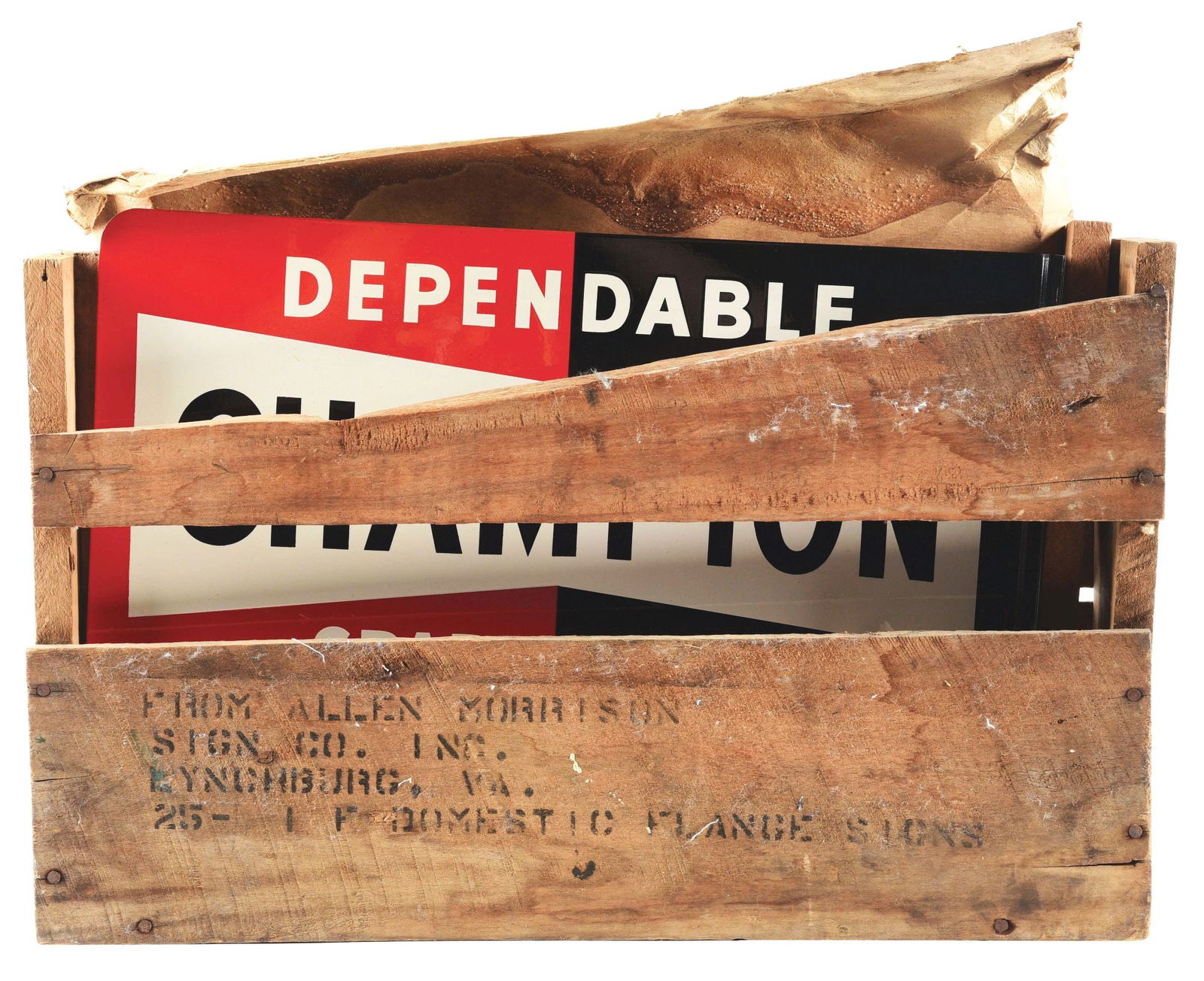 PAINTED METAL "CHAMPION" FLANGE W/ALLEN MORRISON WOOD CRATE. (1 of 2)