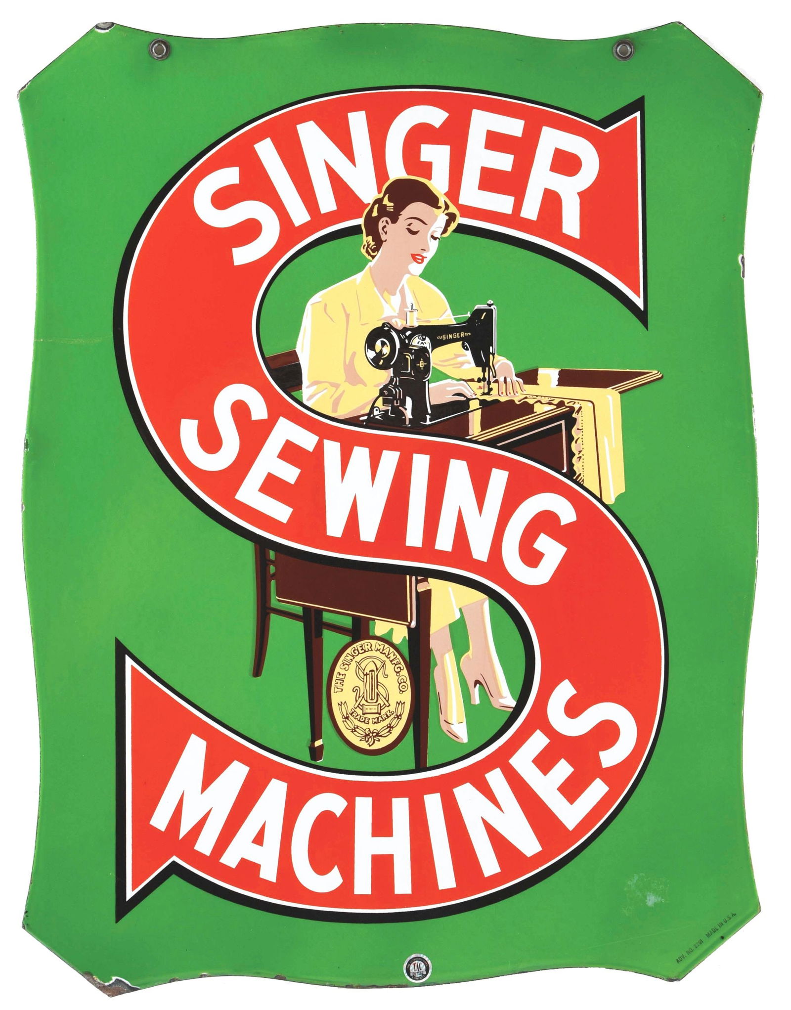 SINGER SEWING MACHINES DIE-CUT PORCELAIN SIGN W/ SEWING MACHINE GRAPHIC.: DSP. Maker marked "ADV Number 2291." C. 1940's Singer Sewing Machines double-sided porcelain sign with outstanding early sewing machine graphic in vivid colors. CONDITION: Side one has very minor oxid