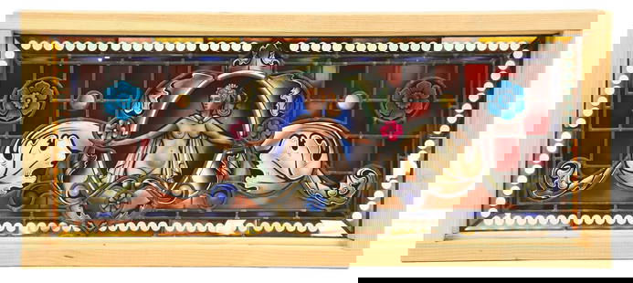 FRAMED ORIGINAL STAINED GLASS/WINDOW LIGHT-UP OUT OF LAS VEGAS.: A leaded glass window depicting a beautiful bare-breasted pretty girl with an array of bold colors, housed in a handmade contemporary frame with LED lighting to illuminate this iconic piece. On the lo
