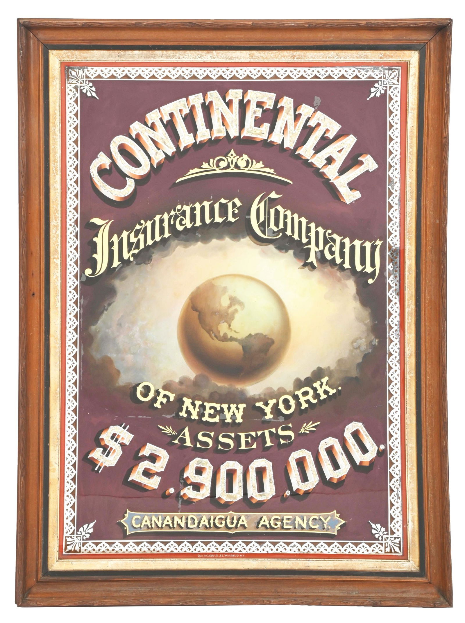 LARGE REVERSE-ON-GLASS CONTINENTAL INSURANCE CO. SIGN W/ GLOBE GRAPHIC IN A CUSTOM FRAME. (1 of 2)