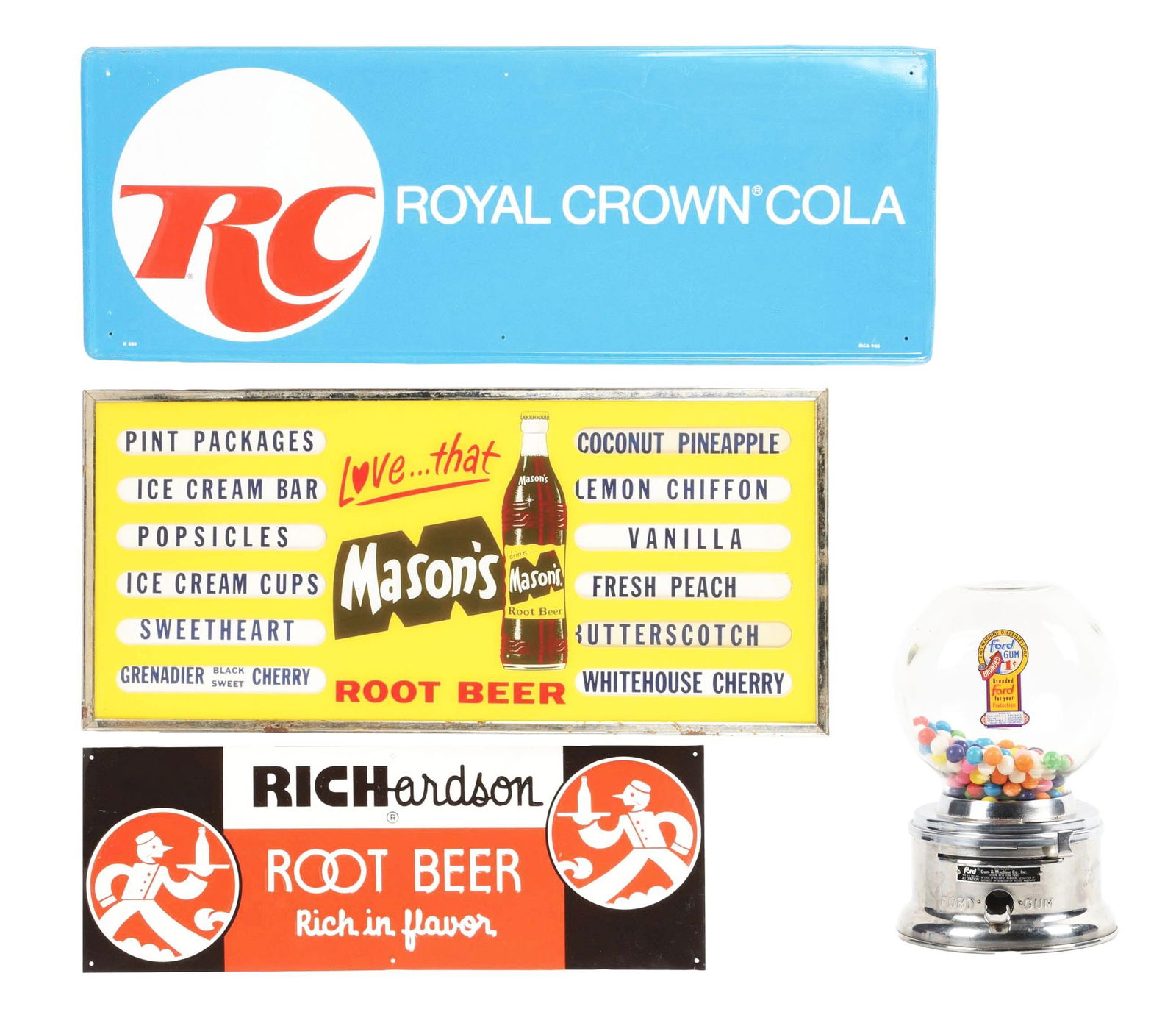 COLLECTION OF 4: SODA POP SIGNS & A CHEWING GUM COIN-OP MACHINE.: A nice collection of four items from Royal Crown Cola, Richardson Root Beer and Mason's Root Beer, as well as a chewing gum dispenser machine. (A) Richardson Root Beer sign. CONDITION: Remains in good
