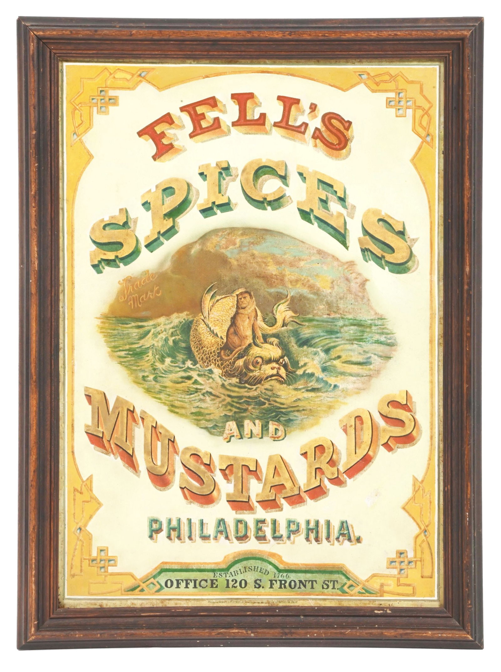 TIN FELL'S SPICES & MUSTARDS TIN SIGN.: SST. Maker marked "Wells & Hope Co." A nice example of this c. 1890s sign from Fell's Spices & Mustards, featuring a monkey riding a serpent graphic. CONDITION: Field of the sign retains good color an