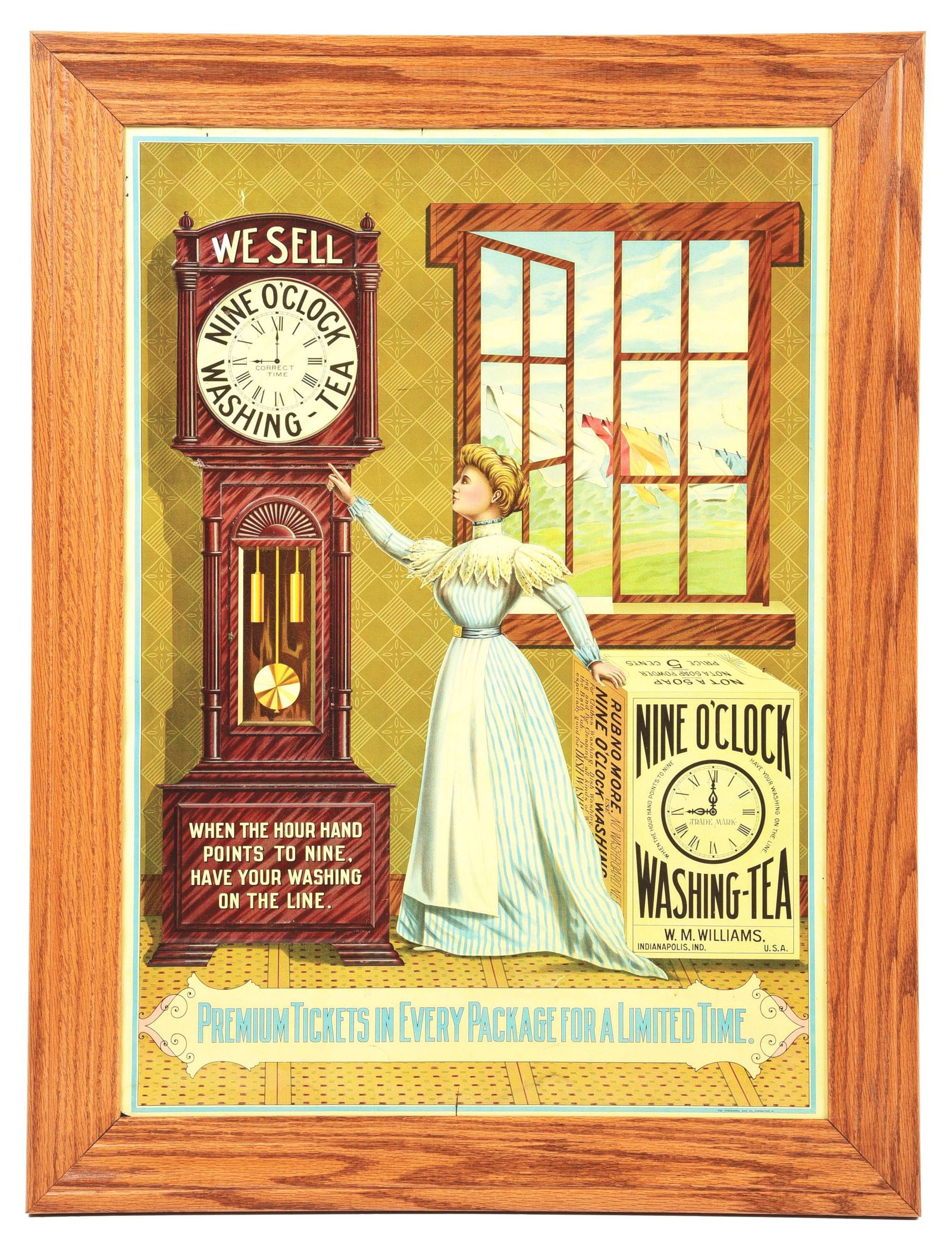 TIN NINE O'CLOCK WASHING-TEA SIGN W/ GRANDFATHER CLOCK GRAPHIC. (1 of 2)