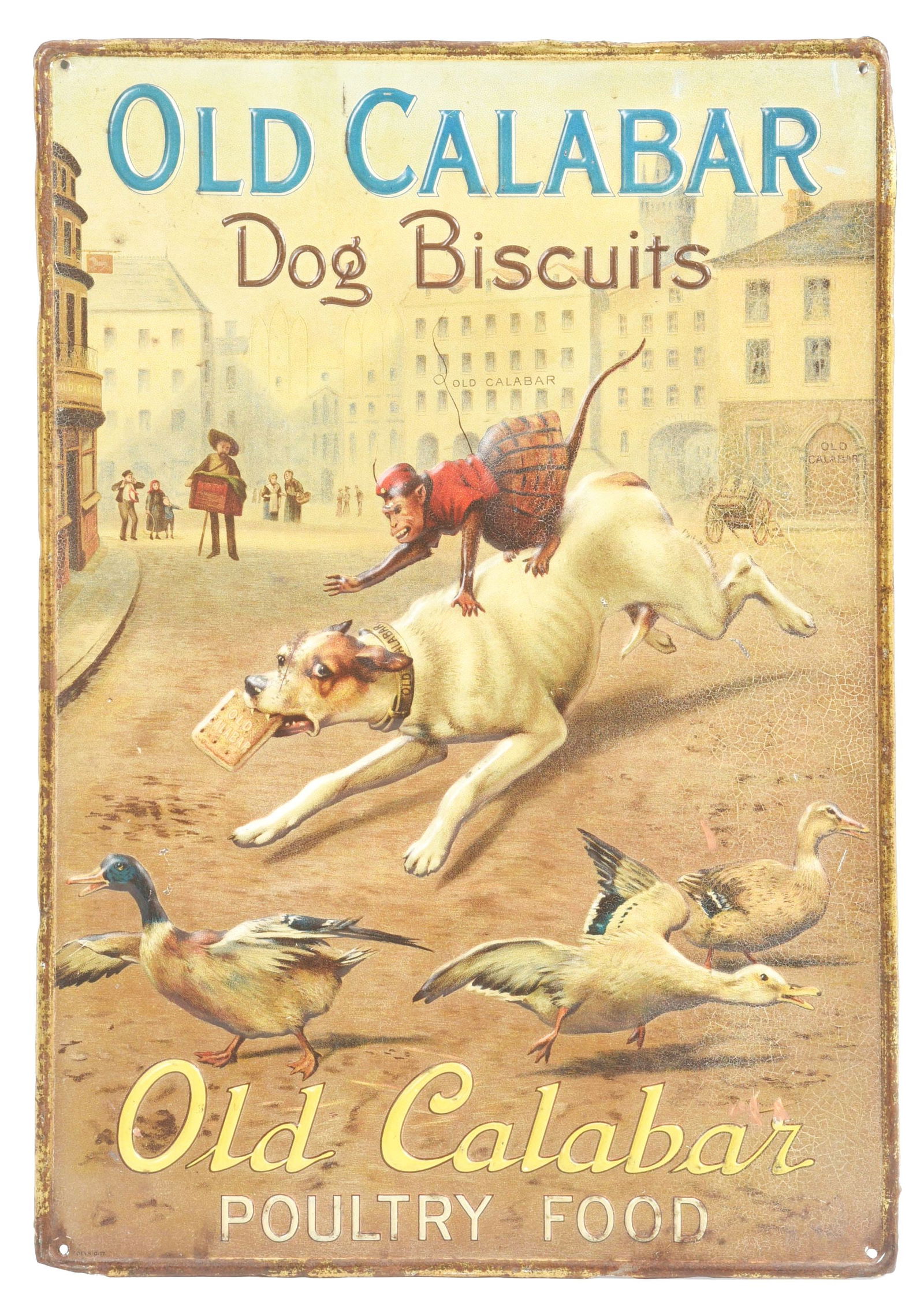 EMBOSSED OLD CALABAR DOG BISCUITS TIN SIGN W/ MONKEY & DOG GRAPHIC. (1 of 3)