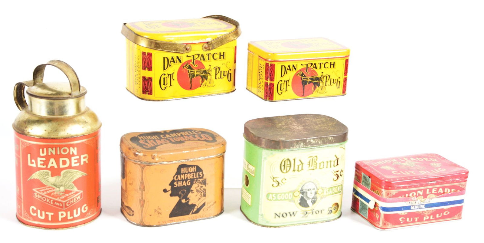 COLLECTION OF 6: EARLY TOBACCO TINS W/ LITHOGRAPHED GRAPHICS. (1 of 2)