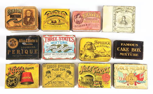 COLLECTION OF 12: EARLY TOBACCO TIN LITHOGRAPHED CANISTERS.: Collection of 12 extremely early tin tobacco containers with outstanding lithographed images. CONDITION: All the tins have good color and shine throughout, with minor areas of staining and scratches w