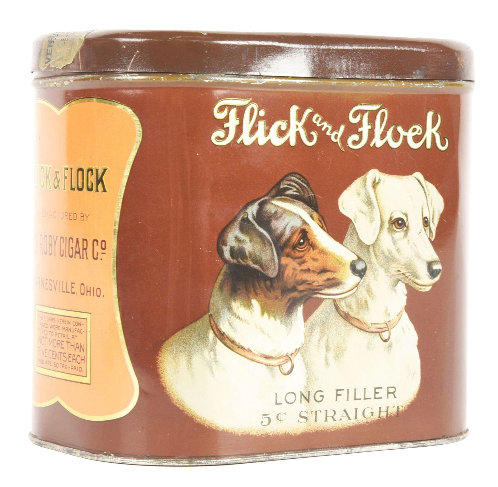 FLICK AND FLOCK TIN TOBACCO CANISTER. (1 of 4)
