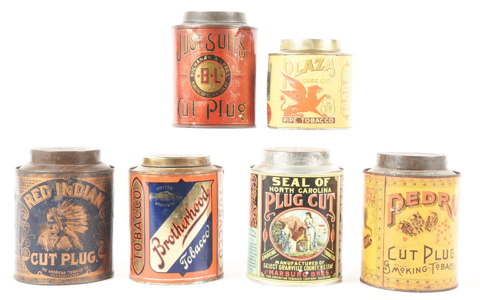 COLLECTION OF 6: EARLY TOBACCO TIN CANISTERS. (1 of 4)