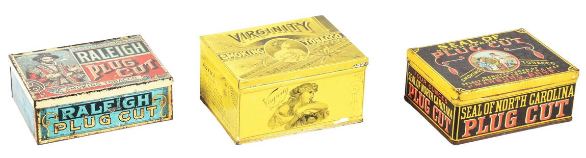 COLLECTION OF 3: EARLY TOBACCO TIN CANISTERS.: A collection of three early tobacco tin canisters with outstanding lithograph graphics. CONDITION: Canisters all have good color, with the Raleigh Plug Cut and the Seal of North Carolina Plug Cut havi