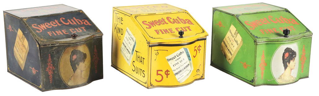 COLLECTION OF 3: SWEET CUBA TOBACCO TINS W/ VICTORIAN LADY GRAPHIC.: An excellent collection of three early Sweet Cuba Fine Cut Tobacco tins, with outstanding lithograph graphics. CONDITION: All three containers have good color. They all show areas of staining and mino