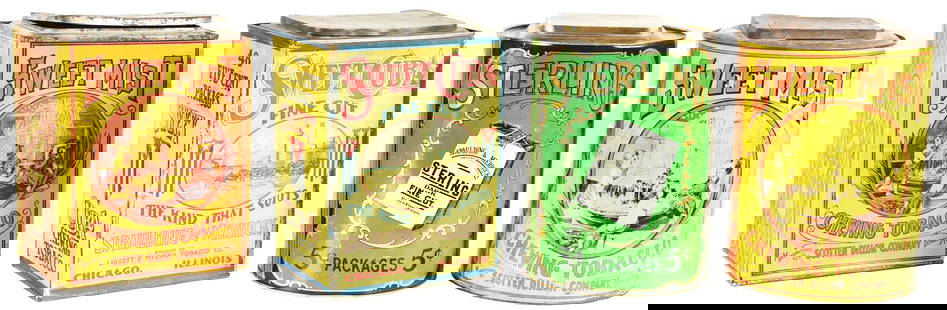 COLLECTION OF 4: COUNTRY STORE TOBACCO TIN.: A collection of four early country store tobacco canisters. CONDITION: All four have good color and gloss, with outstanding graphic. There are areas of surface scratching and scratching with paint los