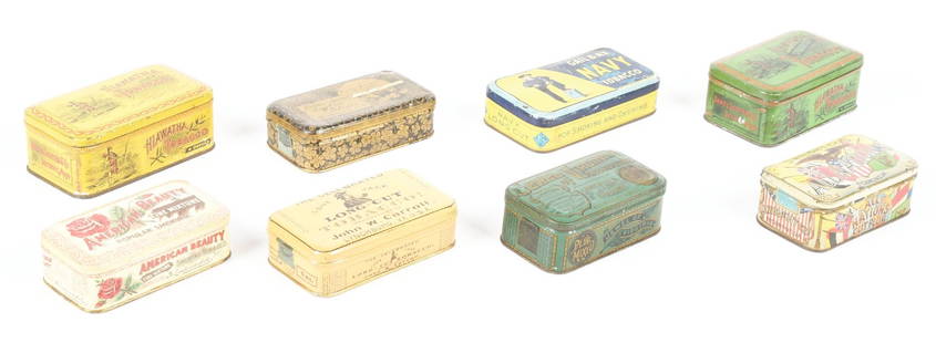 COLLECTION OF 8: FLAT TOBACCO TIN CANISTERS.: A collection of eight early flat tin tobacco canisters with outstanding lithograph graphics. CONDITION: All cans have good color throughout, with areas of surface staining and minor paint loss,