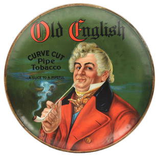 OLD ENGLISH PIPE TOBACCO TIN CHARGER SIGN W/ MAN GRAPHIC.: SST. A nice example of this tin charger sign from Old English Pipe Tobacco, featuring a colorful graphic and good shine throughout. CONDITION: The field of the sign remains nice with surface scratchin