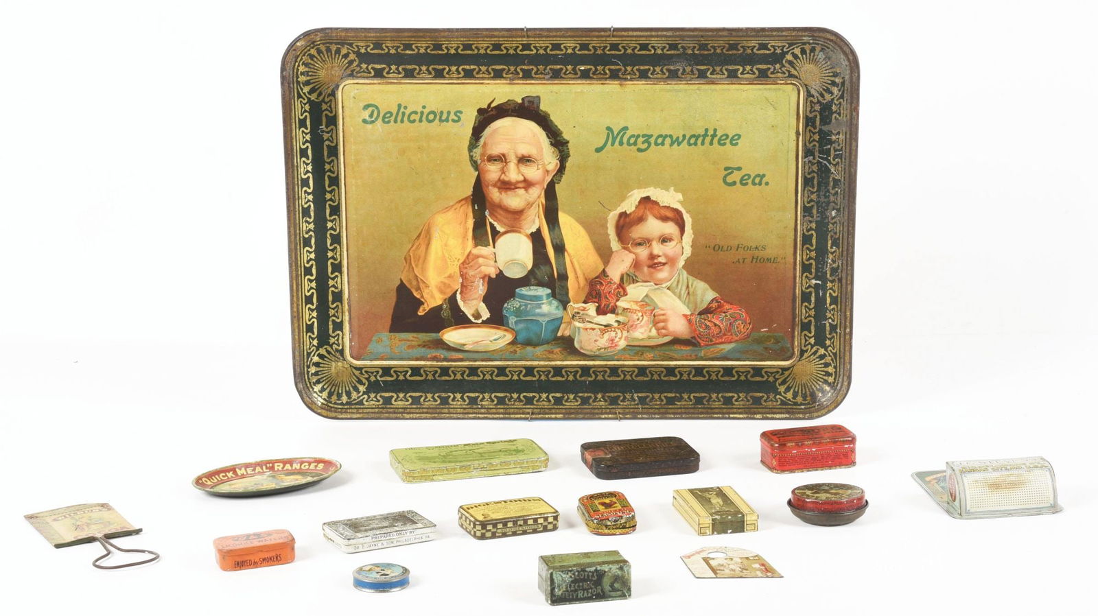 COLLECTION OF 16: TIN CANISTERS & AN ADVERTISING SERVING TRAY. (1 of 4)