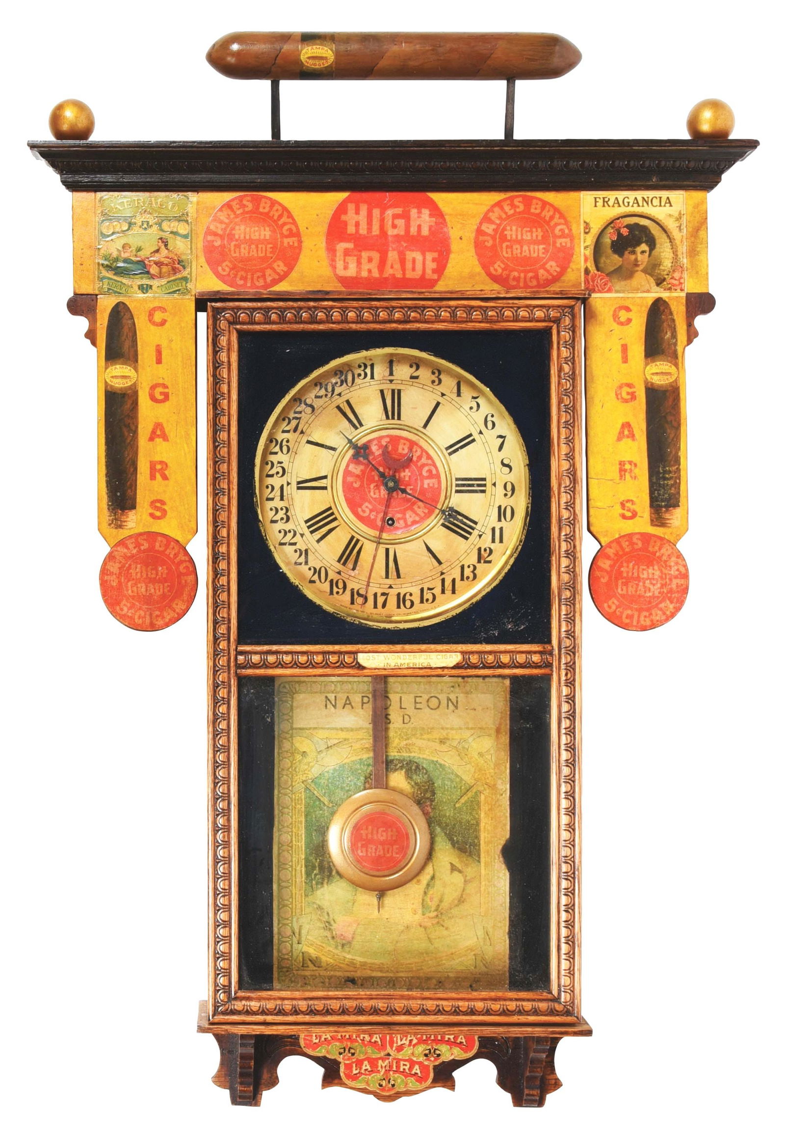 AMAZING FOLKART REGULATOR CLOCK ADVERTISING "JAMES BRYCE" AND "NAPOLEON" CIGARS. (1 of 7)