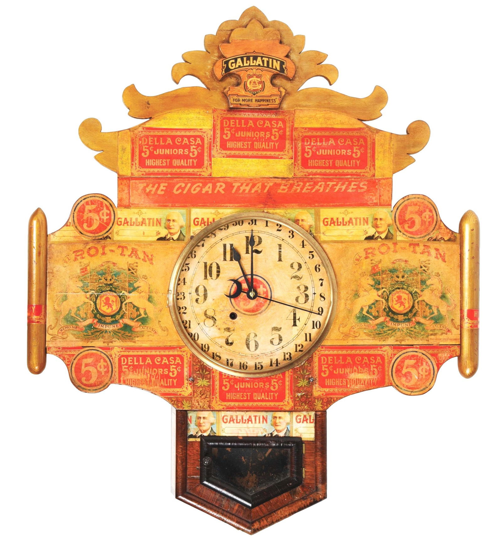 AMAZING FOLKART REGULATOR CLOCK ADVERTISING "ROI-TAN" AND "DELLA CASA" CIGARS. (1 of 5)