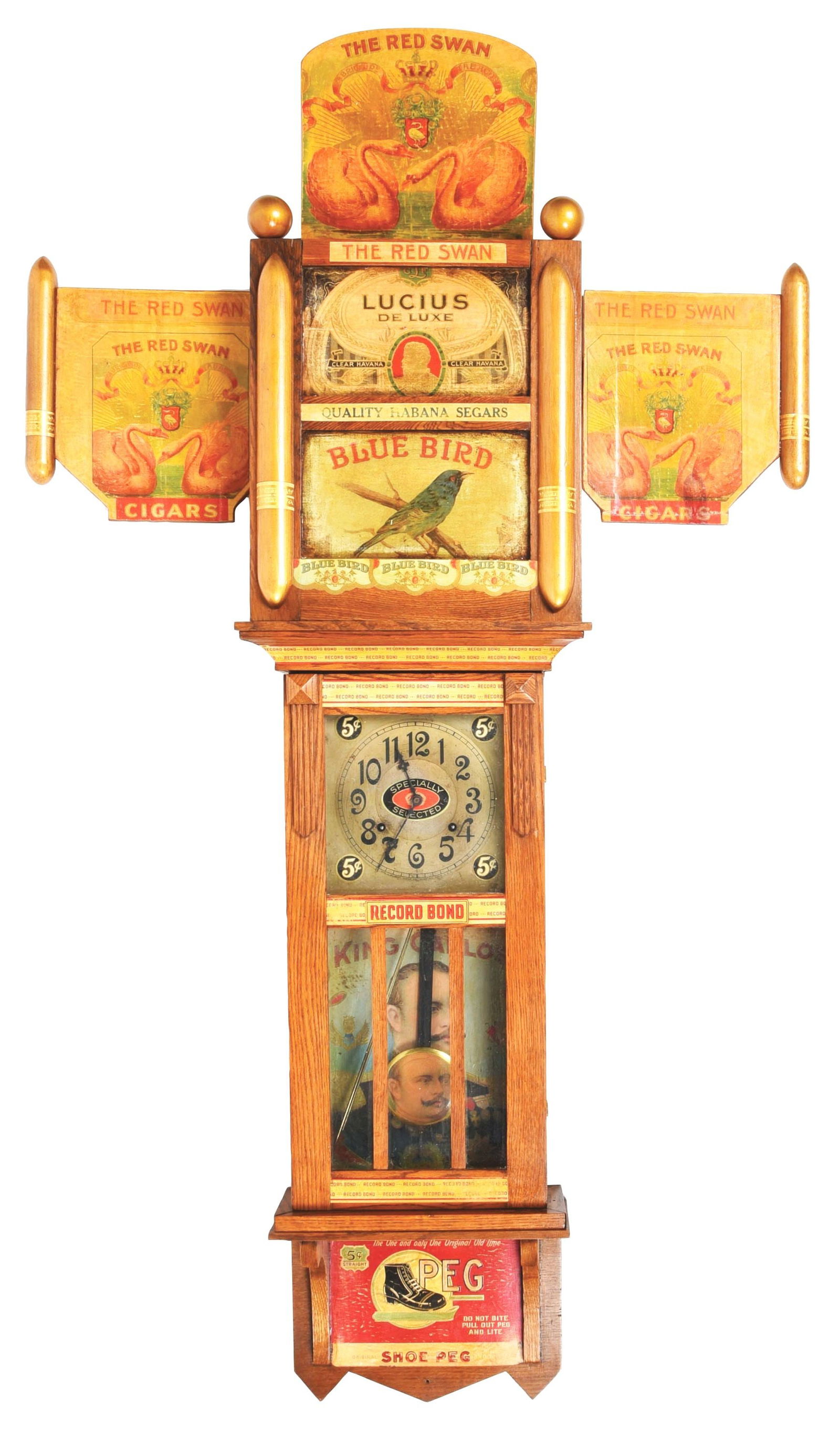 AMAZING FOLKART REGULATOR CLOCK ADVERTISING "BLUEBIRD" AND "RED SWAN" CIGARS. (1 of 5)